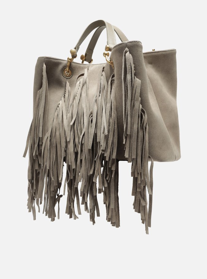 Bolsa Tote Cinza Suede Grande Franjas