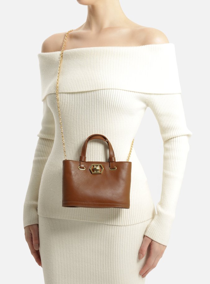Bolsa Tote Marrom Couro Pequena Encaixe Metal