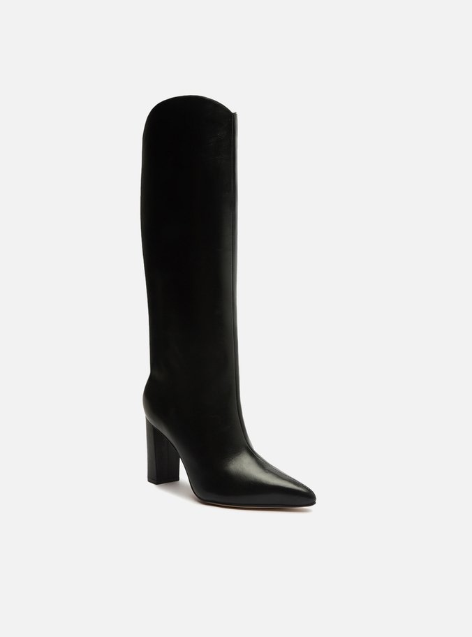 Bota Preta Couro Cano Longo Salto Alto