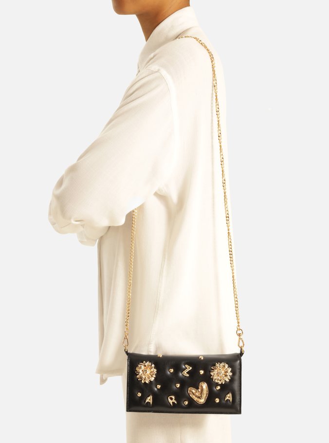 Clutch Preta Couro Pequena Metais Fun