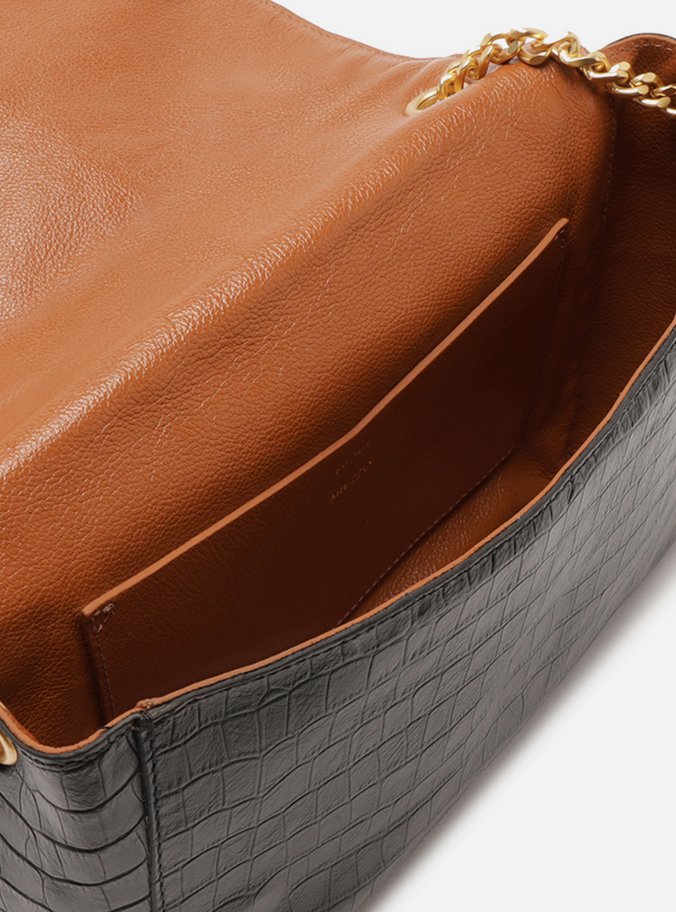 Bolsa Tiracolo Preta Couro Croco Média Reversível