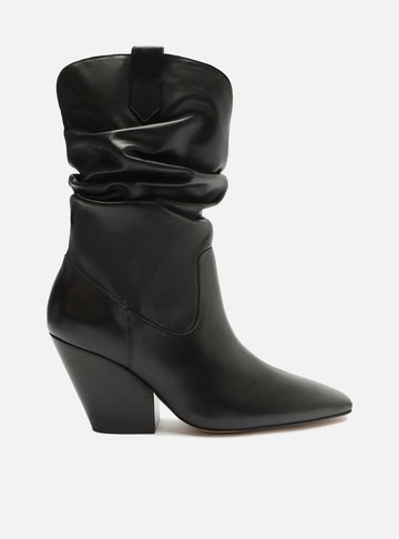 Bota Preta Couro Cano Franzido Salto Médio