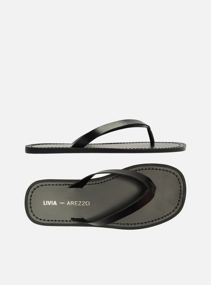 Rasteira Preta Couro Flip Flop Livia