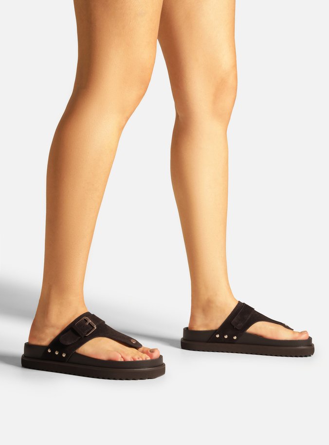 Sandália Papete Marrom Suede Tira Fivela
