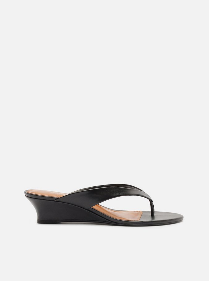 Tamanco Preto Couro Salto Anabela Flip Flop