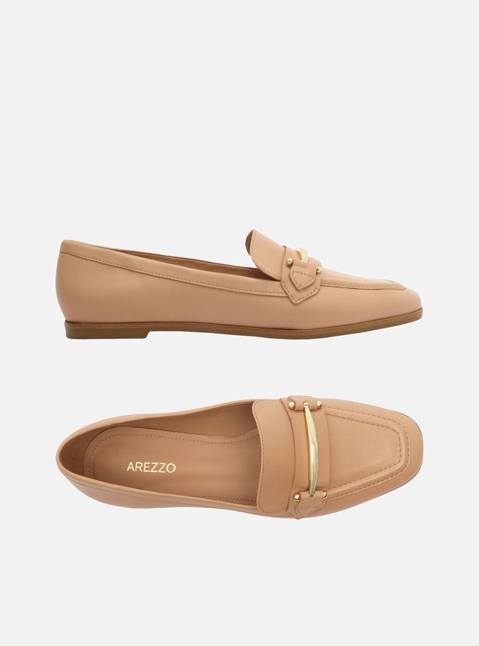 Mocassim Nude Couro Bridão Metálico Moderno