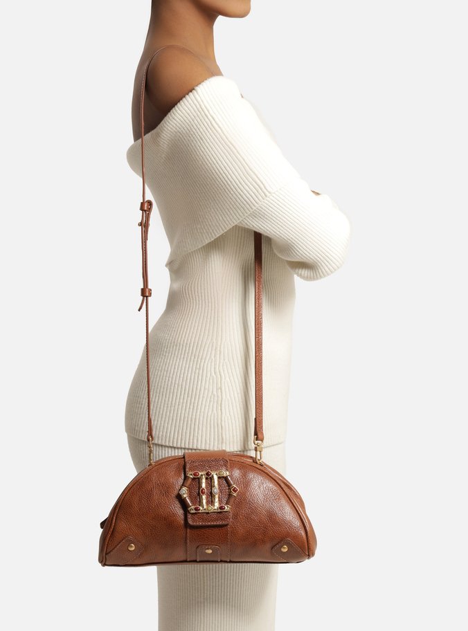 Bolsa Tiracolo Marrom Couro Média Metal Sextavado