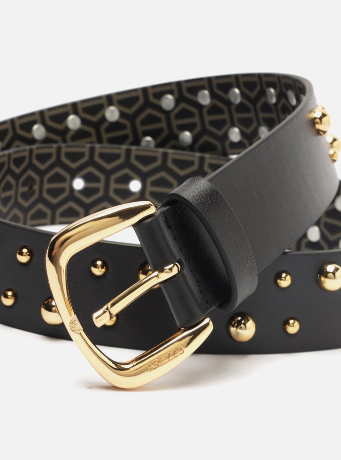 Cinto Preto Couro Fivela Metálica Tachas