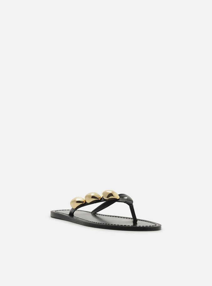 Rasteira Preta Couro Flip Flop Metais