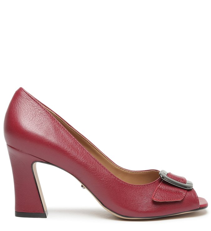 Peep Toe Vermelho Couro Salto Bloco Fivela