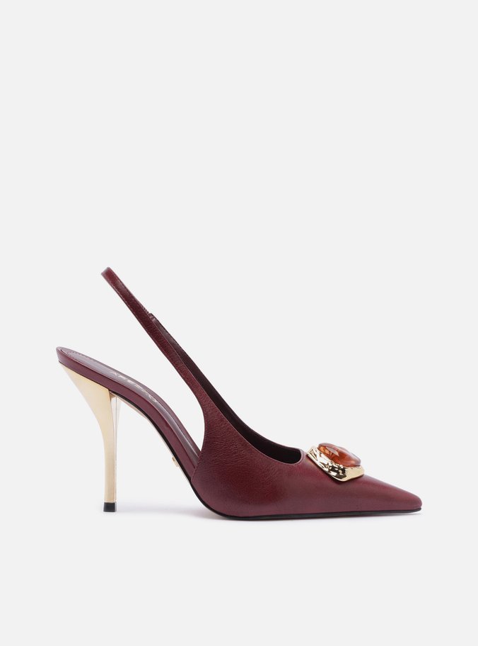 Scarpin Vinho Couro Salto Alto Slingback Pedraria