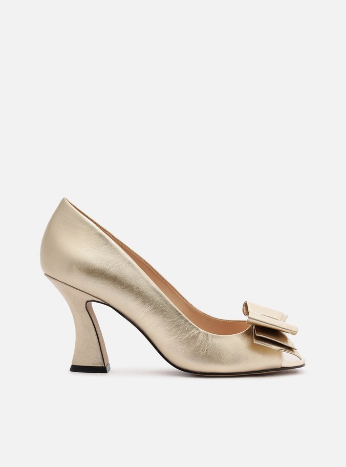 Peep Toe Dourado Couro Salto Médio Laço