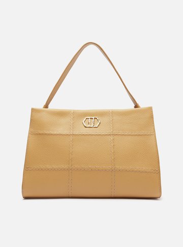 Bolsa Tote Bege Couro Grande Costuras