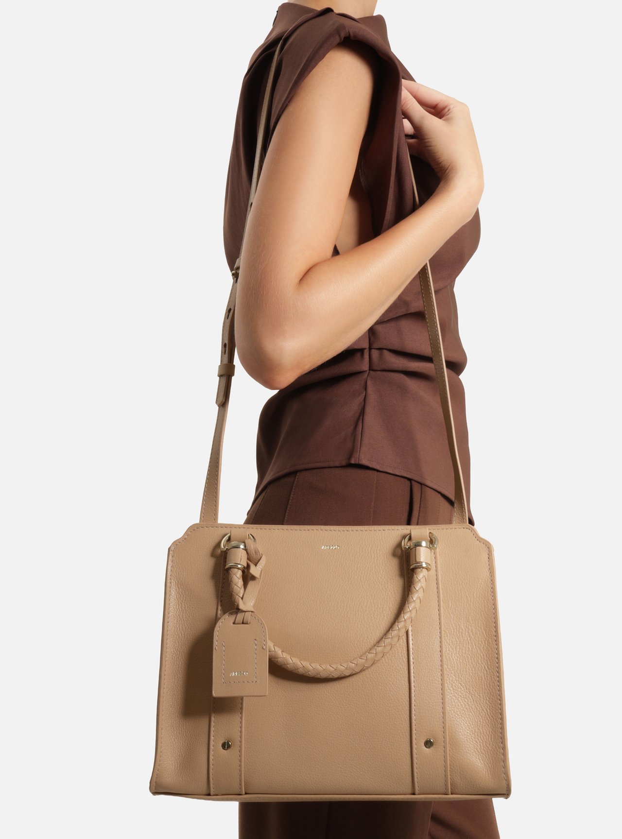 Bolsa Tote Nude Couro Grande Alça Trançada — foto 6