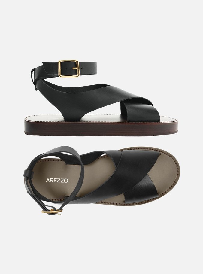 Sandália Preta Couro Flatform Tiras Largas