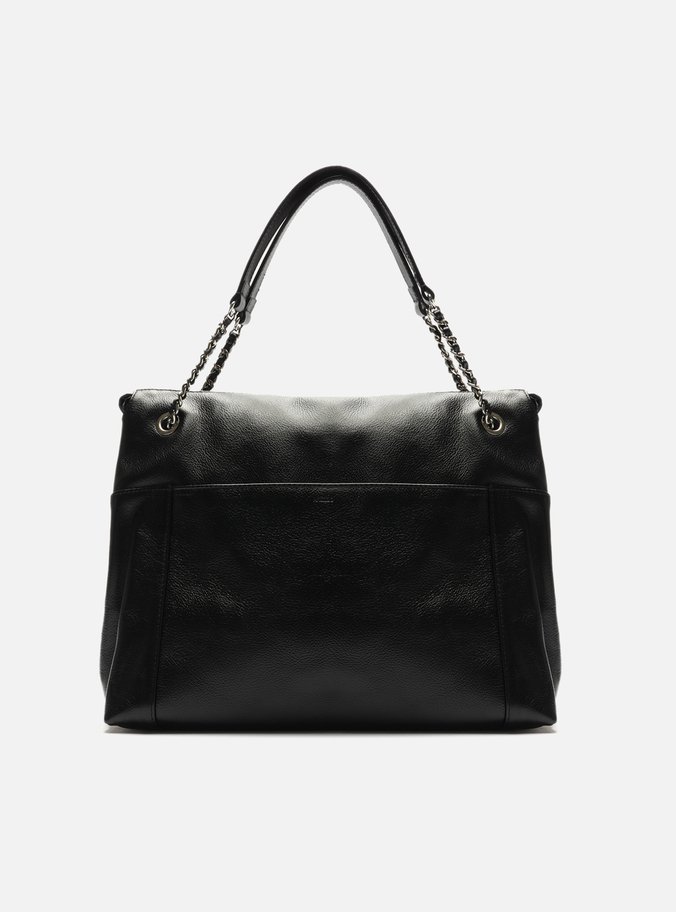 Bolsa Shopping Preta Couro Grande Metal