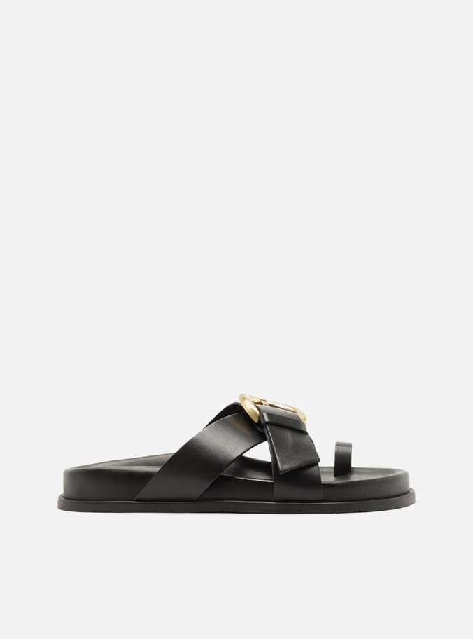 Sandália Papete Preta Couro Flatform Fivela Dourada
