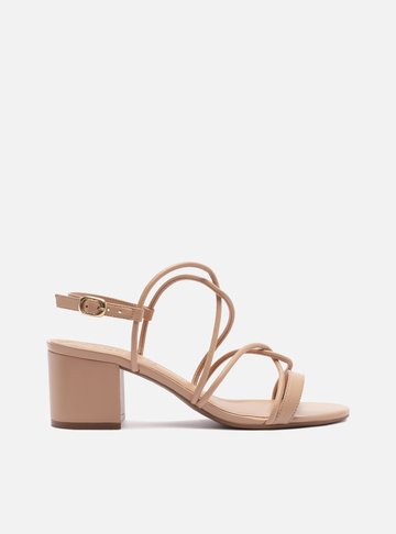 Sandália Nude Salto Bloco Tiras Enlace