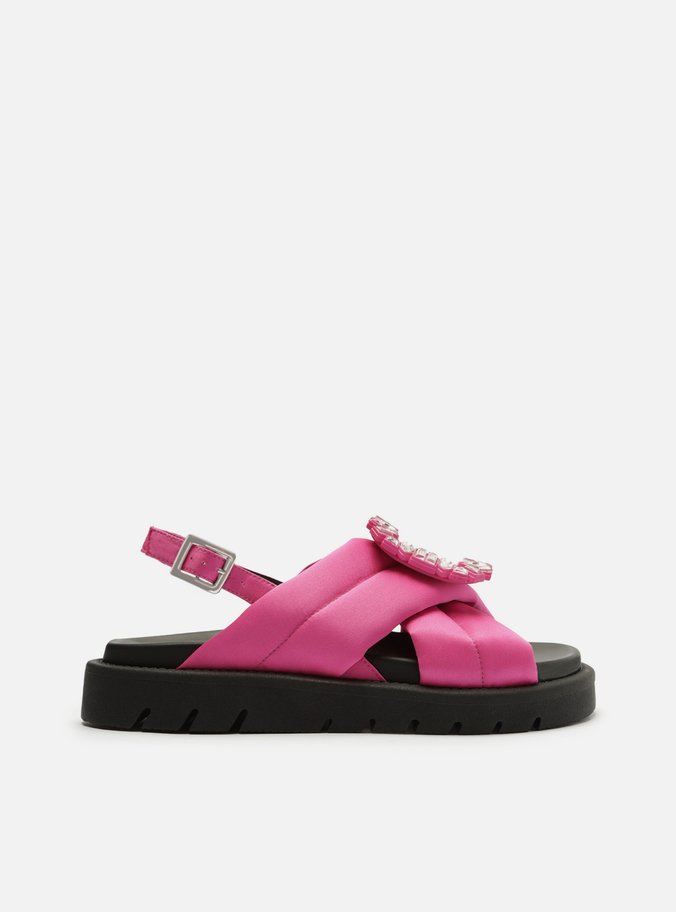 Sandália Papete Rosa Cetim Flatform Pedraria