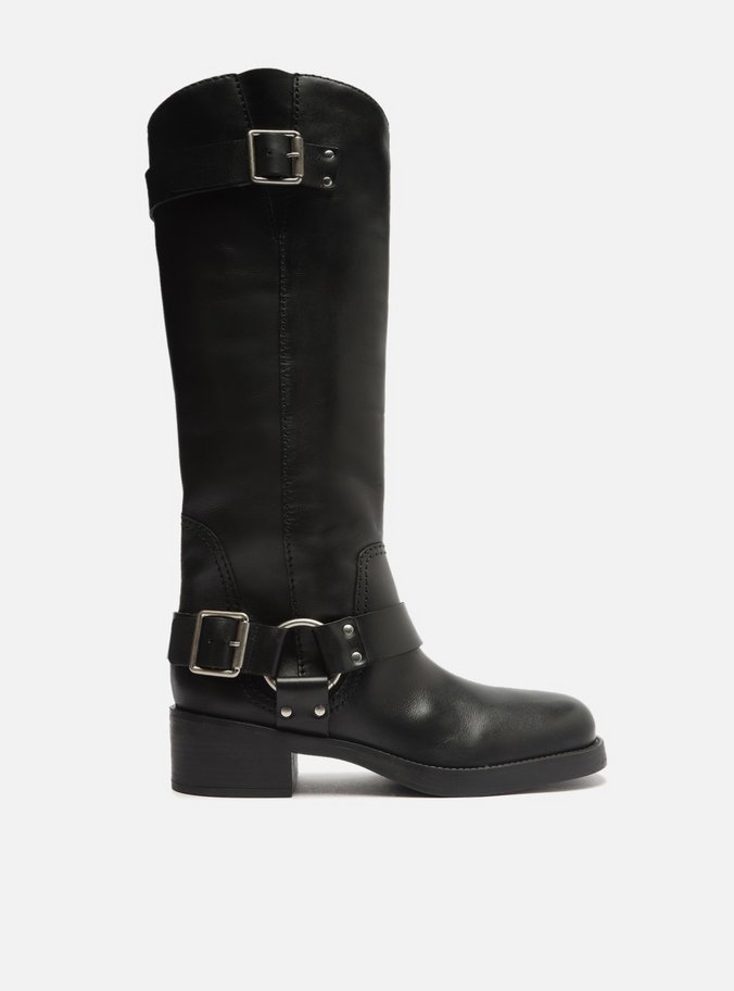 Bota Preta Couro Cano Longo Fivelas