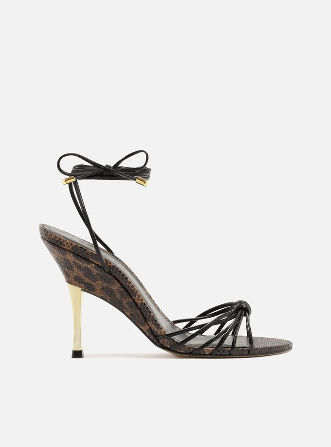 Sandália Animal Print Onça Salto Alto Fino Amarração