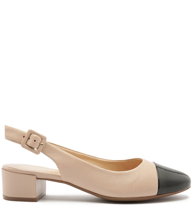 Scarpin Couro Soft Salto Bloco Cap Toe Classsic Nude e Preto