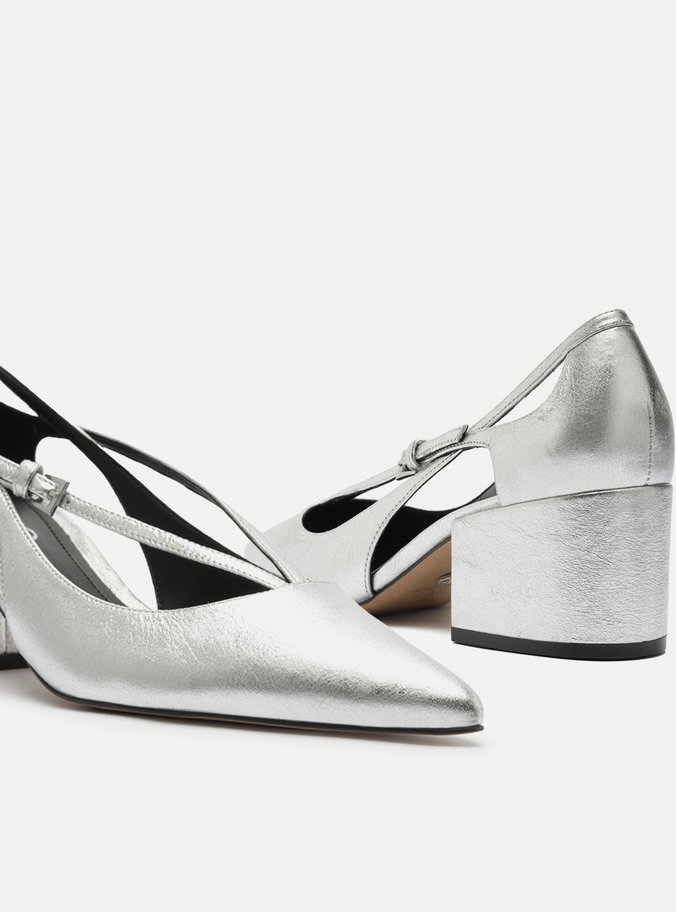 Scarpin Prateado Couro Bloco Semi Aberto Tiras