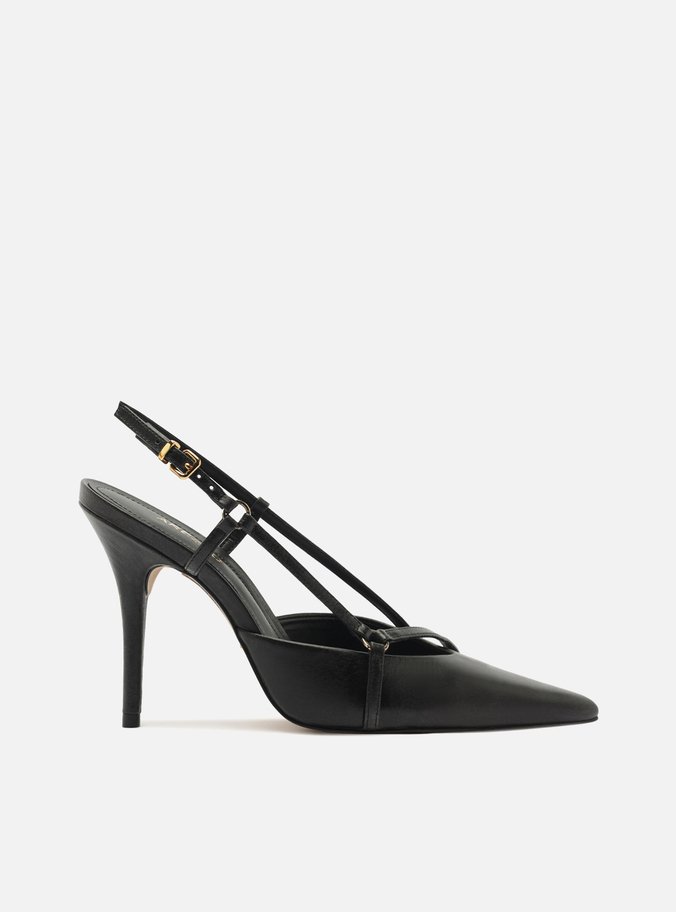 Scarpin Preto Couro Tiras Bico Fino