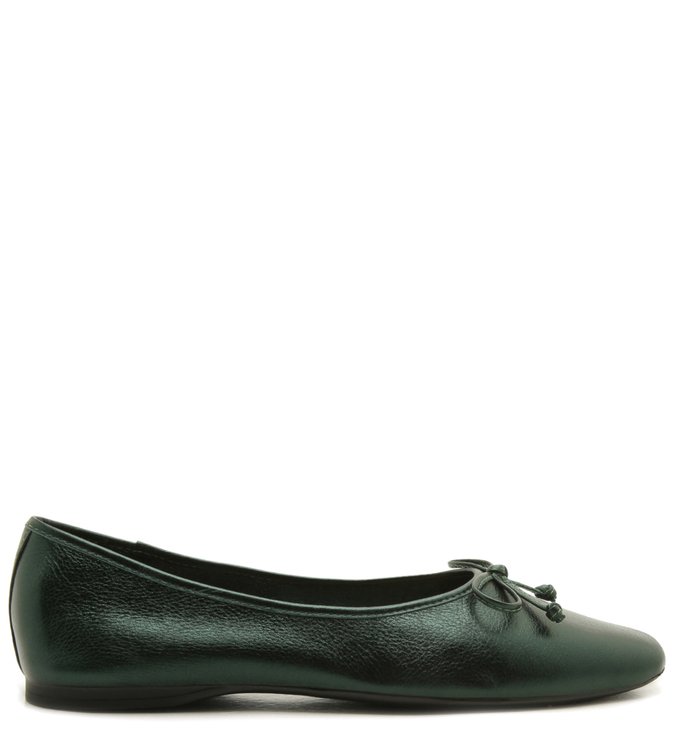Sapatilha Couro Verde Bico Quadrado Ballet Metal Green