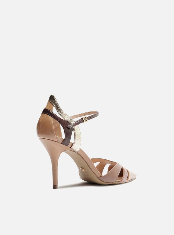Scarpin Bege Couro Salto Fino Mix Tiras