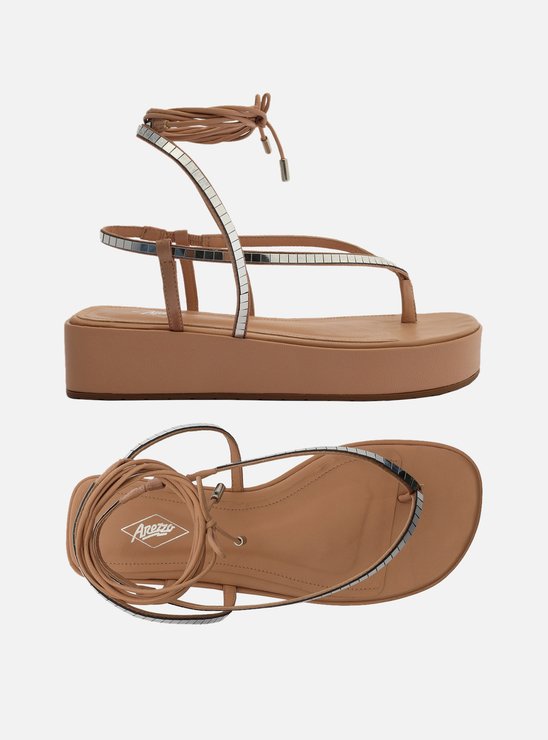 Sandália Nude Flatform Amarração Brilho