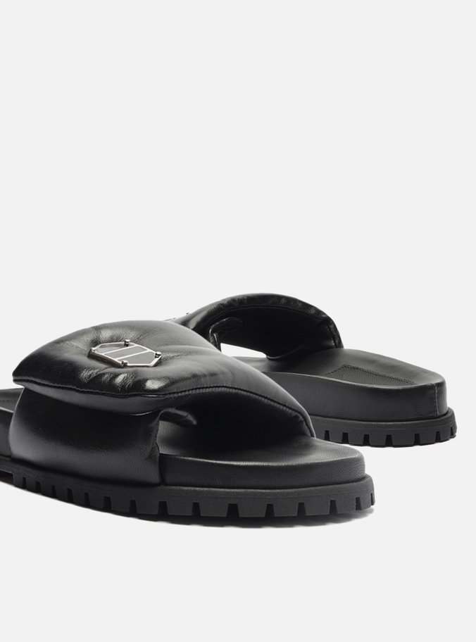 Slide Preto Couro Tratorado Puffer