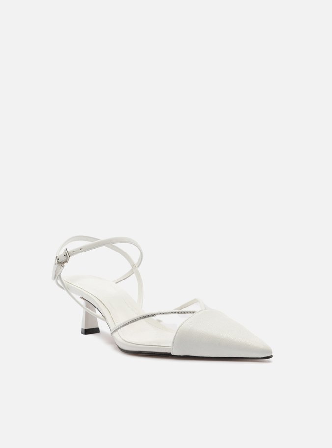 Scarpin Branco Couro Salto Médio Bico Fino Vinil
