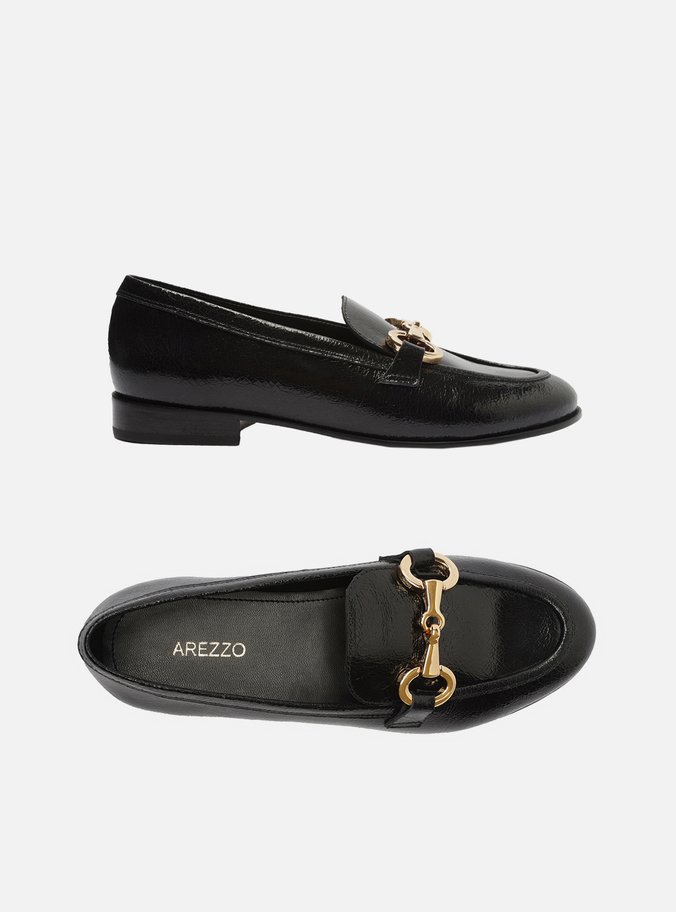 Mocassim Preto Couro Shine Bridão Dourado