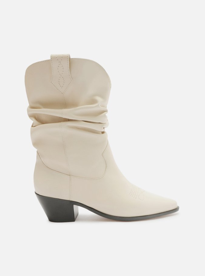Bota Branca Couro Cano Curto Franzido Western