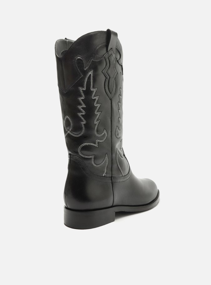 Bota Preta Couro Cano Longo Bordado Western