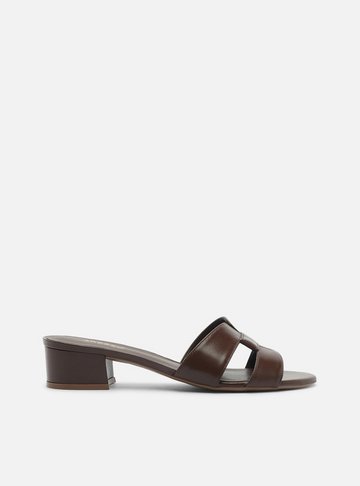 Tamanco Marrom Escuro Couro Salto Bloco Tira Vazada