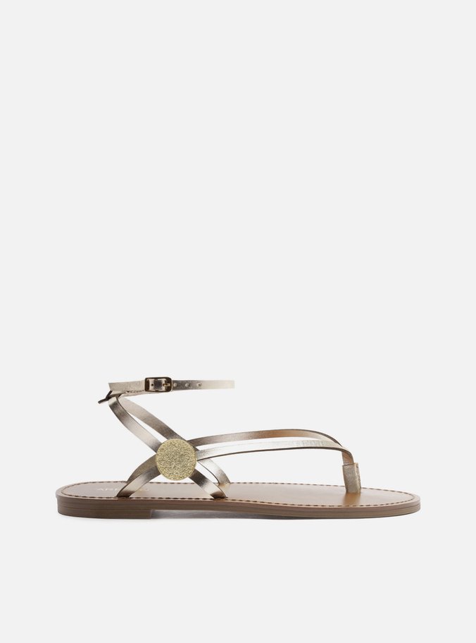 Sandália Rasteira Dourada Couro Metal Texturizado