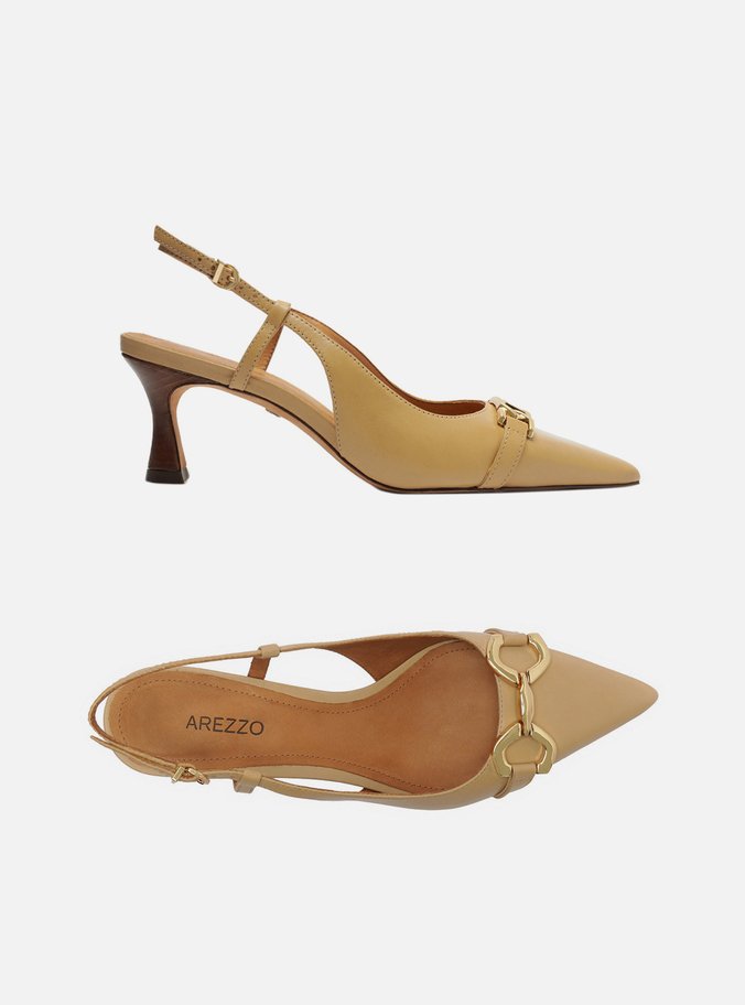 Scarpin Nude Couro Bico Fino Slingback Metal