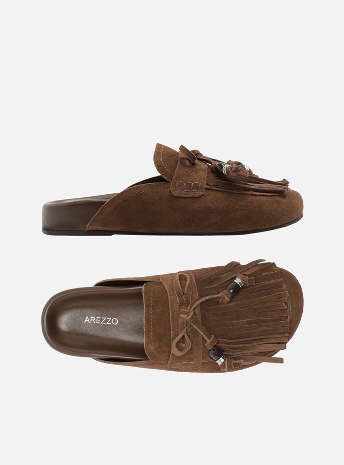 Mule Marrom Escura Suede Franjas