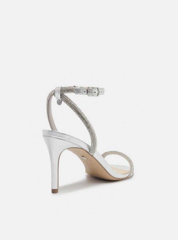Sandália Prateada Strass Salto Fino Minimal