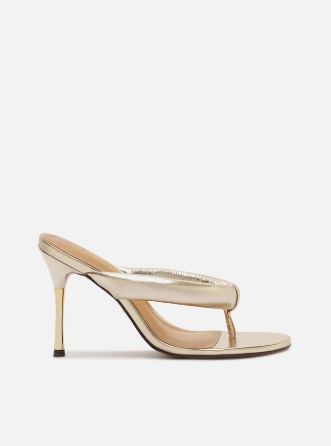 Tamanco Dourado Couro Salto Fino 