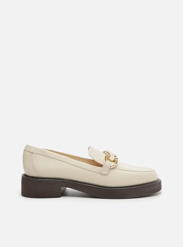 Mocassim Branco Couro Salto Bloco Bridão