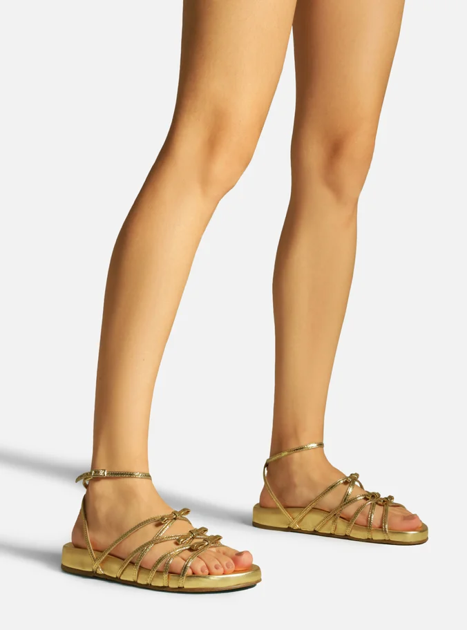 Sandália Rasteira Dourada Couro Flatform Laços