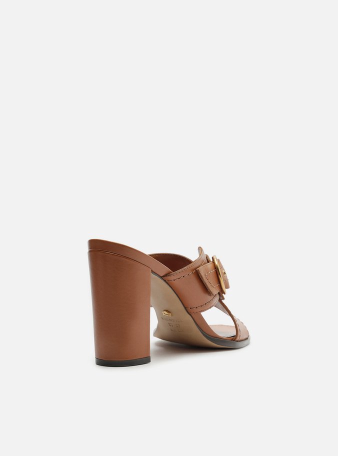Mule Marrom Couro Salto Alto Fivela Redonda