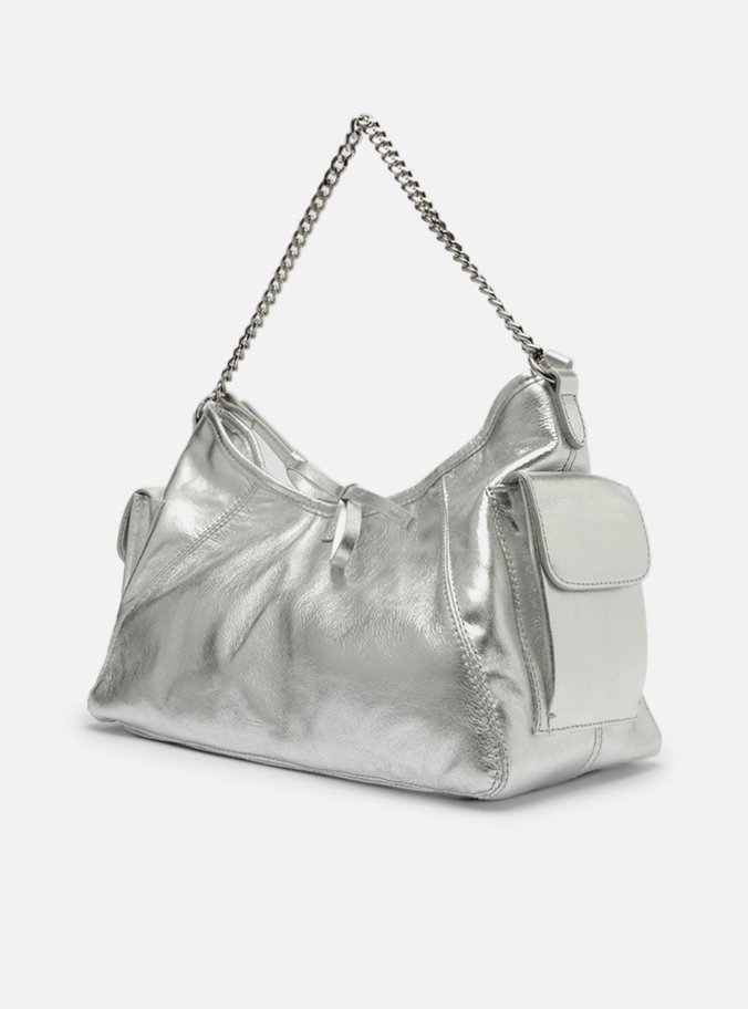 Bolsa Tiracolo Prateada Couro Pequena Laço