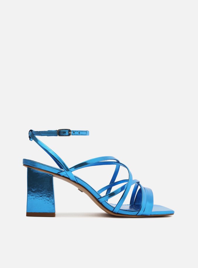 Sandália Azul Metalizada Bloco Bico Quadrado