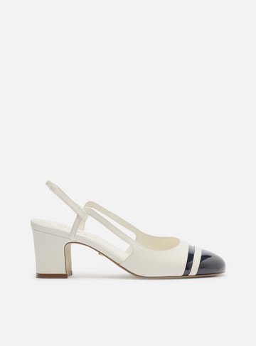 Scarpin Branco Couro Bloco Cap Toe Marinho