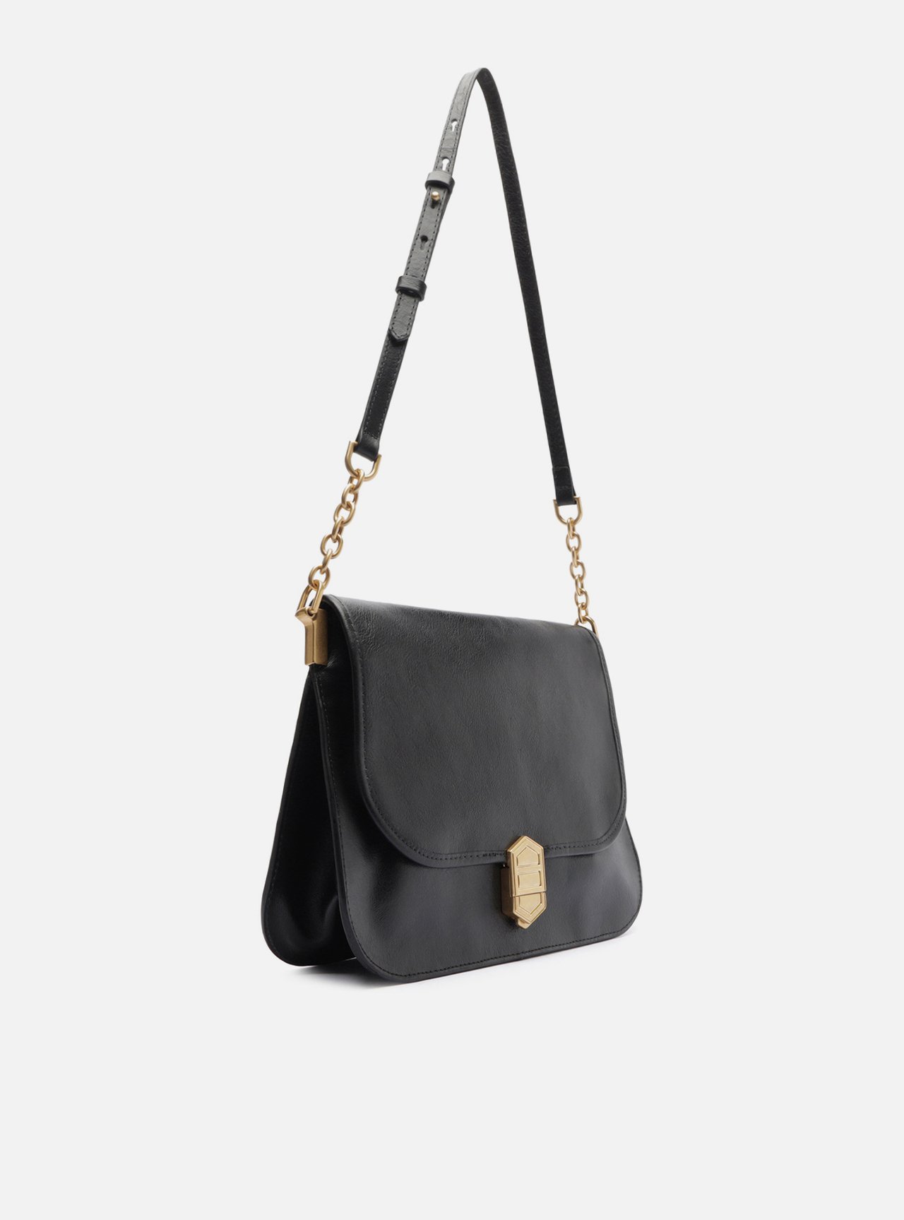 Bolsa Tiracolo Preta Couro Grande Peça Metal — foto 5