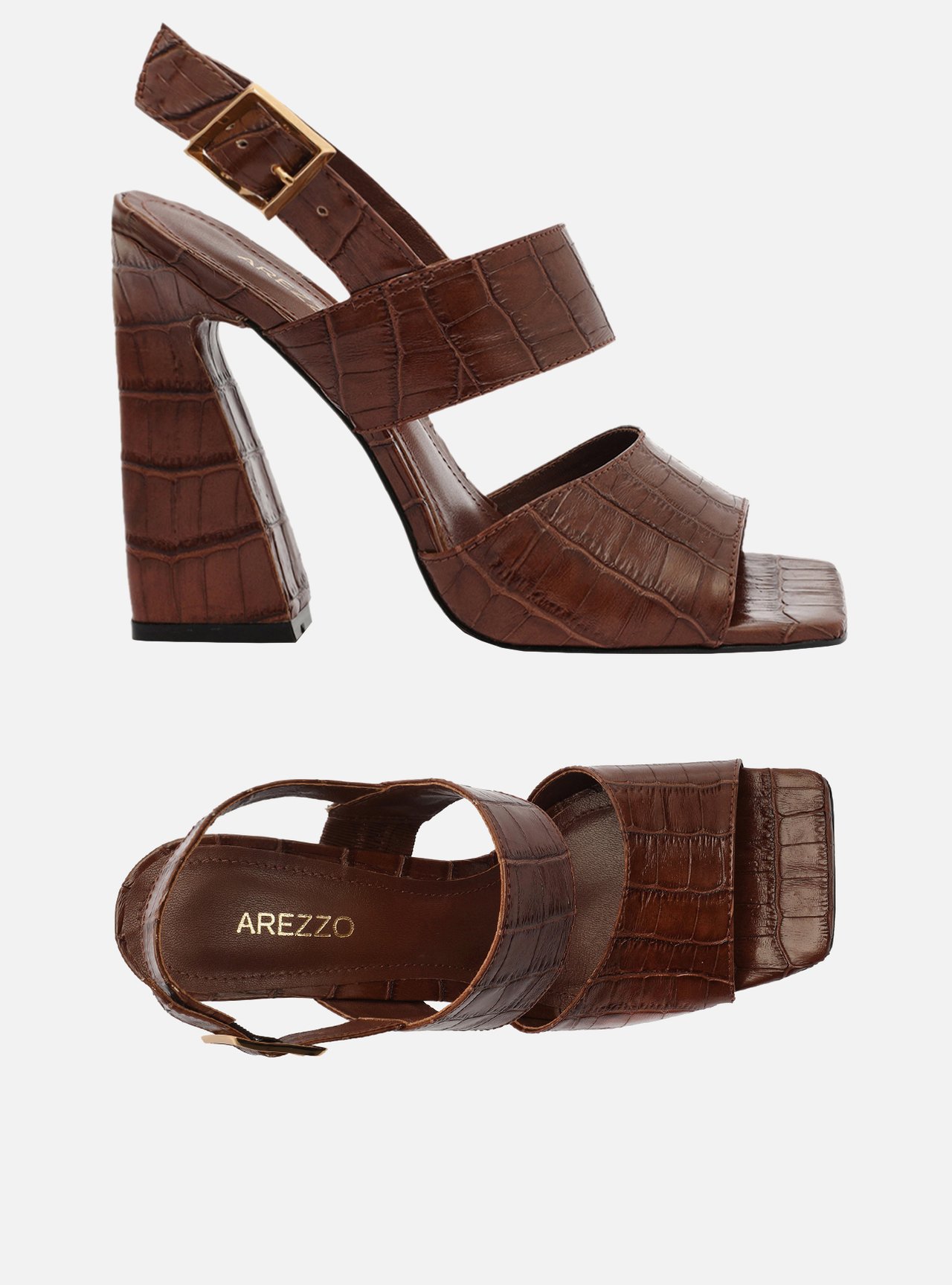 Sandália Marrom Croco Salto Alto Bico Quadrado — foto 5